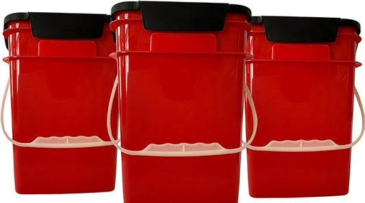 House Naturals 4 Gallon Square Buckets with lids- Made in USA Container- Pack of 10 (Red - Black lids)