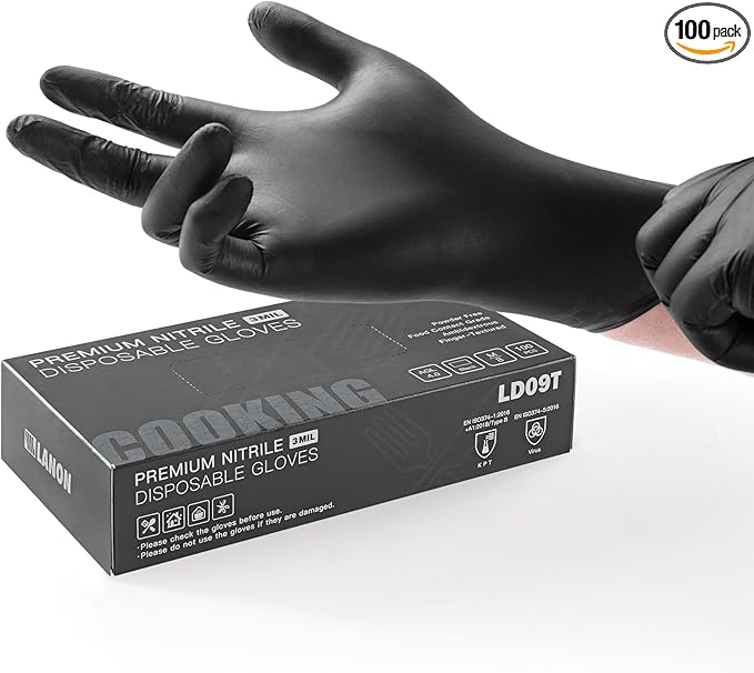 LANON Food Safe Disposable Nitrile Gloves, Latex-Free, Powder-Free, Silicone-Free, Textured Fingertips, Cooking, Black，Small