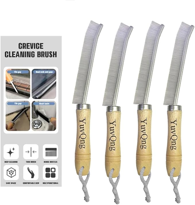 YuvQng 4-Piece Set Crevice Cleaning Brush - Multifunctional Hard Bristle Cleaning Brush for Bathroom, Kitchen, Window, Faucet, Toilet & Grout - Durable Household Cleaning Tools Essentials (Silvery)