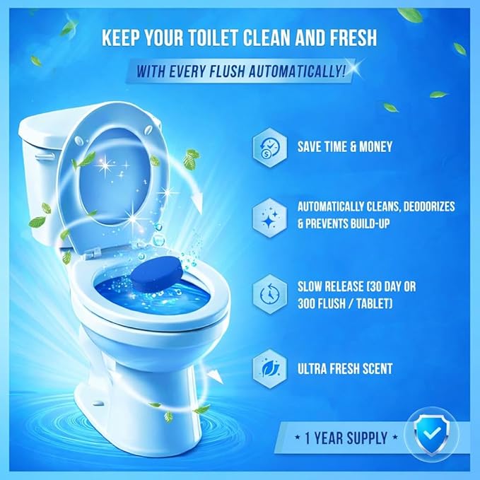 ZENVIVIO Automatic Toilet Bowl Cleaner Tablets, Blue Gel Toilet Tank Cleaners, Septic-Safe Hard Water Ring Stain Remover, Heavy Duty Toilet Deodorizer & Smell Eliminator, Fresh Scent, 12 Tabs