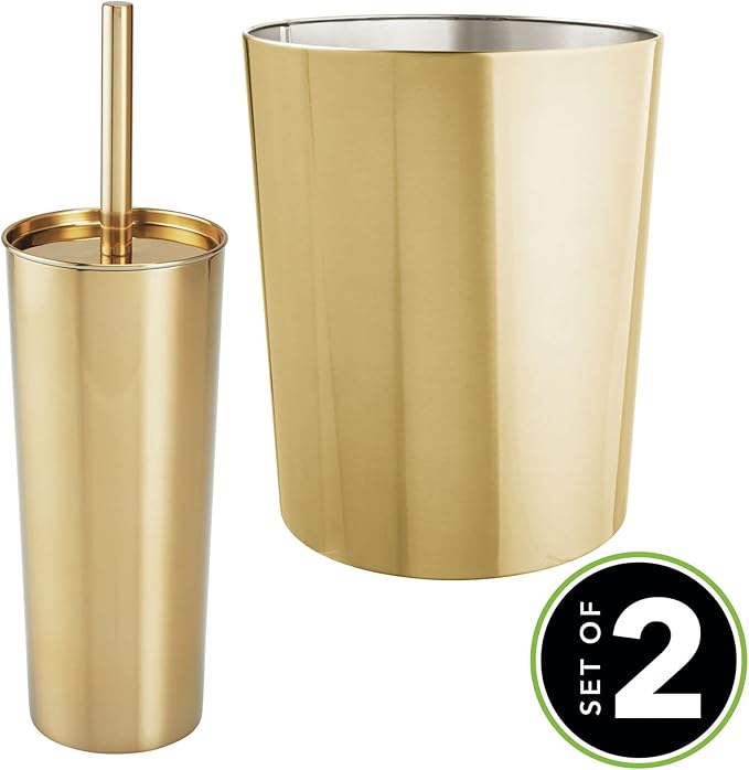 mDesign Round Metal Modern Compact Freestanding Plastic Toilet Bowl Brush and Round 6.4 Liter/1.7 Gallon Wastebasket Garbage Can Combo Set for Bathroom Cleaning - Mirri Collection - Set of 2 - Brass