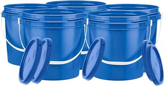 House Naturals 1 Gallon Plastic Bucket Container with Lid Blue Color Food Grade BPA Free Made in USA (Pack of 5 Buckets)