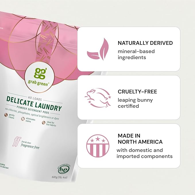 Grab Green Delicate Laundry Detergent Pods, 60 Count, Fragrance Free, Plant and Mineral Based, Superior Cleaning Power, Stain Remover, Brightens Clothes