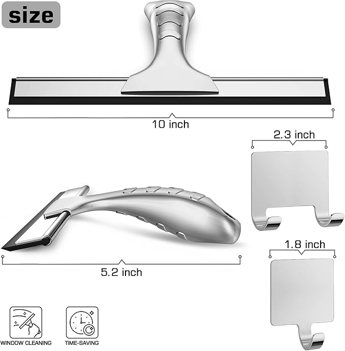 All-Purpose Stainless Steel Shower Squeegee for Glass Doors with 2 Adhesive Hooks, Squeegee for Bathroom Cleaner Tool Household Window Mirror Squeegee, Cleaning Tile Wall, Car, 10 Inch Silver