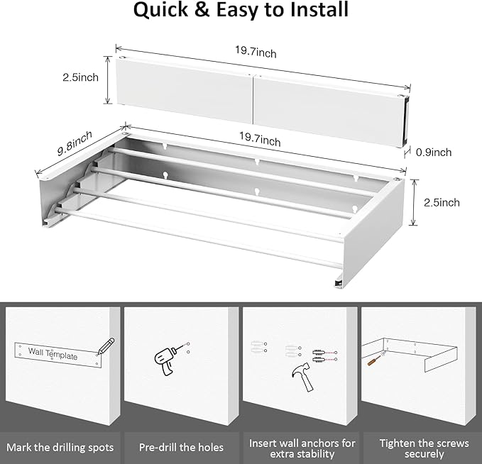 Laundry Drying Rack Collapsible, Wall Mounted Clothes Drying Rack Wall, Space Saving Drying Rack for Laundry, 19.8" Wide, 3 Aluminum Rods, 50 lb Capacity