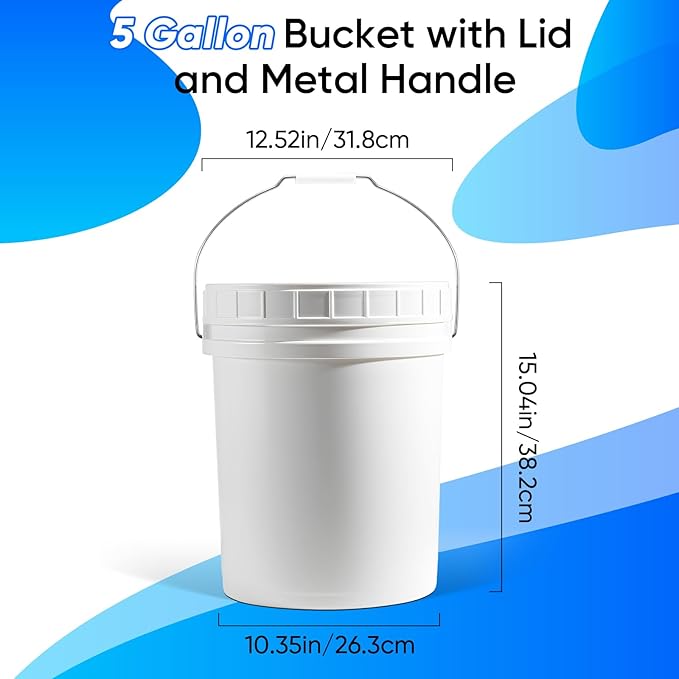 DEMORA 5 Gallon Food Grade Bucket with Screw Lid, Heavy Duty Plastic Buckets Containers for Food Storage, Plastic Pail with Metal Handle for Water Cleaning Paint Gardening, BPA Free (White, 3 Pack)