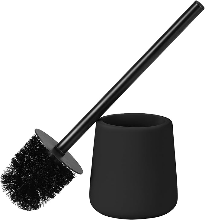 Navaris Toilet Brush and Holder Set, Black - Toilet Brushes & Holders - Soft Touch & Rubber Coated Loo Brush with Stainless Steel Handle - Adjustable Silicone Water Stopper