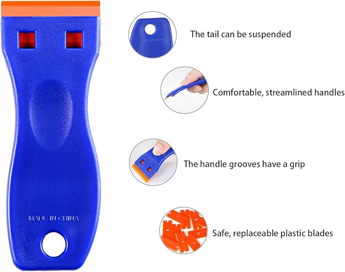 JVSEYTE 4 PCS Plastic Razor Blade Scraper and 120 PCS Plastic Razor Blades, Cleaning Scraper Tool for Remover, Adhesive, Stickers, Decals, Glass, Labels, Cars Windows