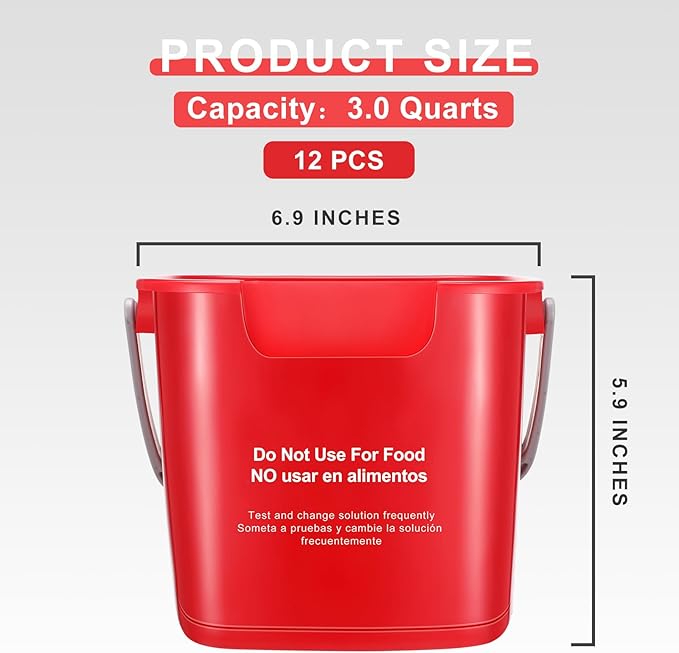 Lallisa 12 Pcs 3 Quart Cleaning Bucket Small Sanitizing Square Bucket Detergent Pail for Home Office Commercial Restaurant Kitchen Bathroom School (Red)