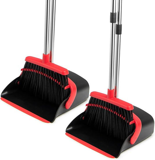 XXFLOWER Broom and Dustpan Set with Long Handle, Heavy Dust Broom and Dustpan Combo for Home，Kitchen, Office, Pet Hair 2PCS (Black Red)