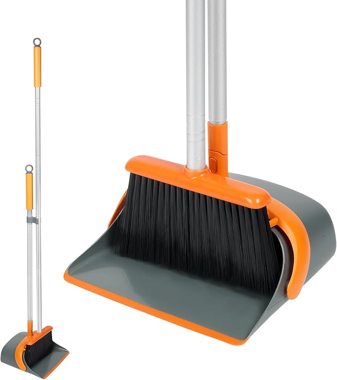 Dirty Fox Broom and Dustpan Set with 54 Inch Long Handle - Perfect Dust Pan and Brush Combo for Home Efficient Cleaning (Orange and Grey)