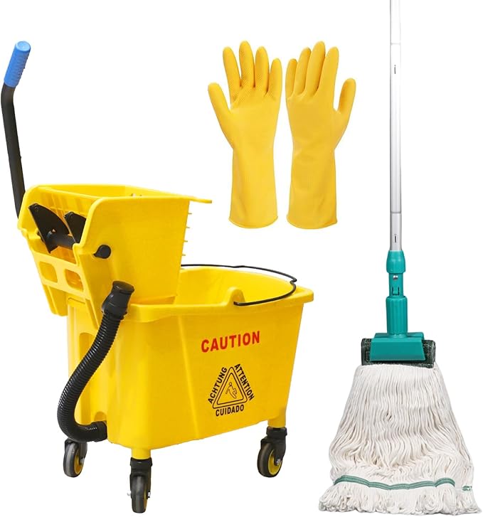 Wajeehaa Side Press Wringer Combo Commercial Mop Bucket on Wheels, 35 Quart,Yellow, Including Commercial Mop and Rubber Gloves