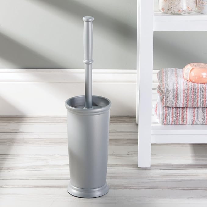 mDesign Compact Freestanding Plastic Toilet Bowl Brush and Holder for Bathroom Storage and Organization - Space Saving, Sturdy, Deep Cleaning, Covered Brush - Silver