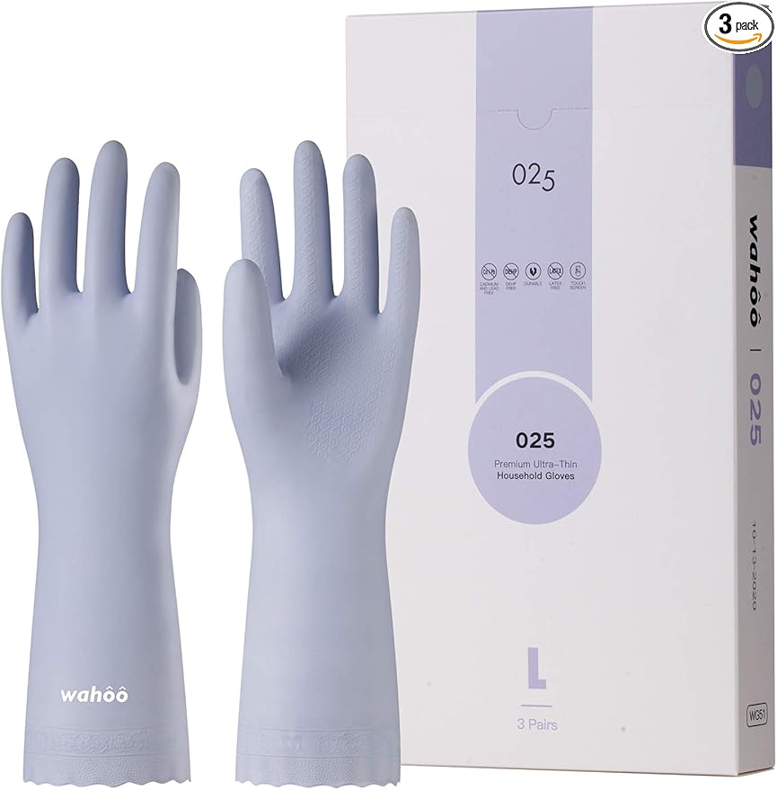 LANON 3 Pairs wahoo Skin-Friendly Cleaning Gloves, Unlined Dishwashing Kitchen Gloves, Reusable, Non-Slip, Icelandic Blue, Small