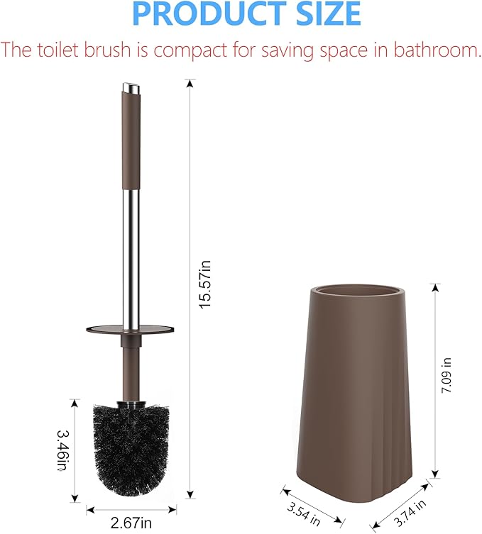 SetSail Toilet Brush, Compact Size Toilet Bowl Brush and Holder Toilet Brushes for Bathroom with Stainless Steel Handle Toilet Cleaner Brush with Durable Scrubbing Bristles, Brown