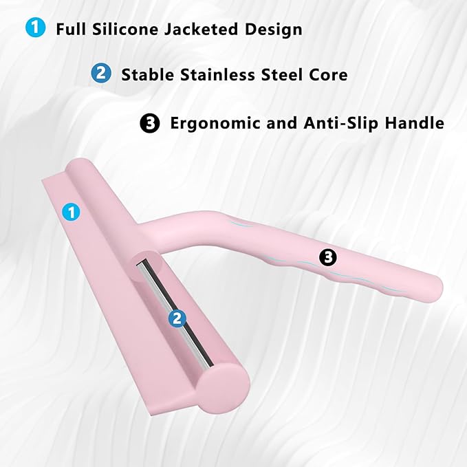 DEOFUXT Silicone Shower Squeegee for Glass Doors Window Squeegee for Walls, Sink, Mirror, Bathroom, Car Window Cleaning - Pink