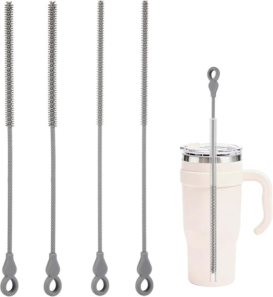 TenderBloom Silicone Straw Cleaner Brush, 4-Piece Reusable Straw Brush Set with Extra-Long Design for Cleaning Thin Metal Straws and Wider Milkshake Straws （6mm+9mm Gray)