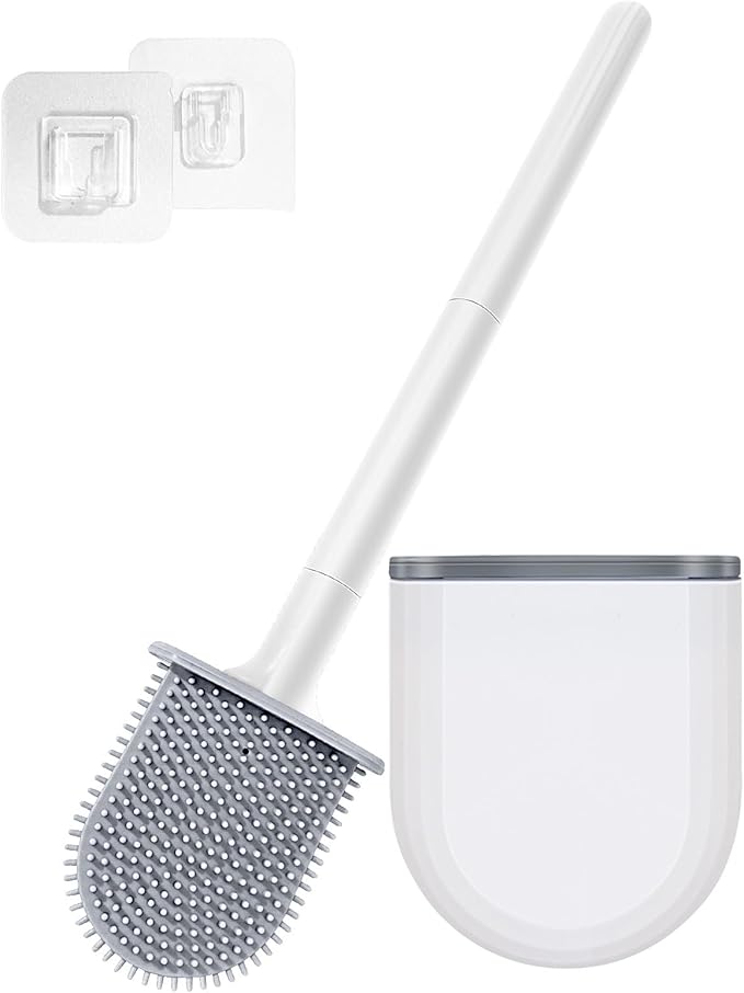 Kucucyle Mini RV Silicone Toilet Brush with TPR Bristles & ABS Detachable Handle Set, Flexible 360°Deep Cleaners Brushes, Wall-Mounted Design for Space-Saving RV Bathrooms Toilet Bowl Brush (White)