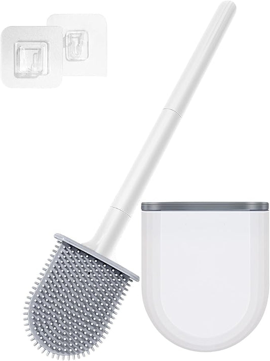 Kucucyle Mini RV Silicone Toilet Brush with TPR Bristles & ABS Detachable Handle Set, Flexible 360°Deep Cleaners Brushes, Wall-Mounted Design for Space-Saving RV Bathrooms Toilet Bowl Brush (White)