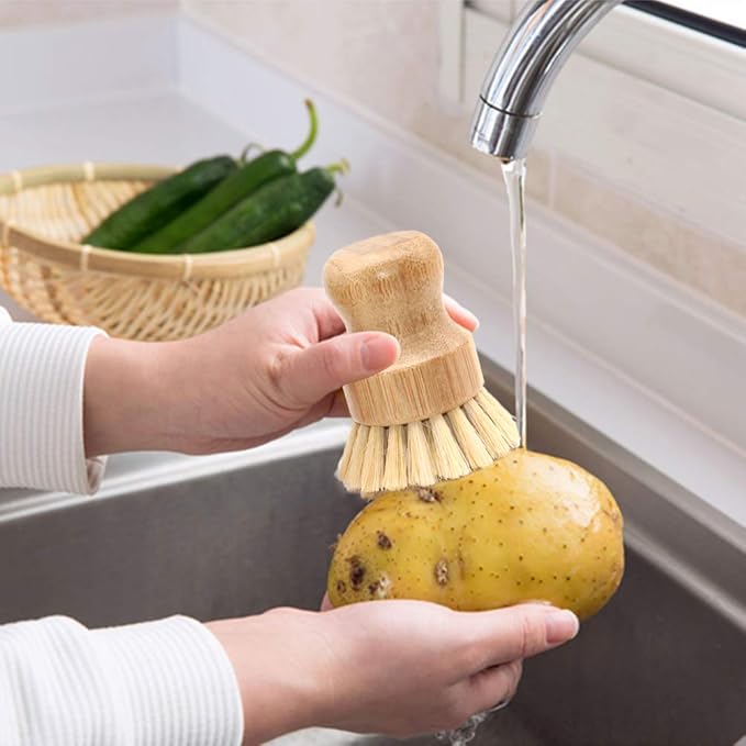 4 Packs Bamboo Palm Scrub Brush Sisal Dish Brush Round Natural Dish Scrubber for Cast Iron Pots, Pans, Kitchen Sink and Vegetable