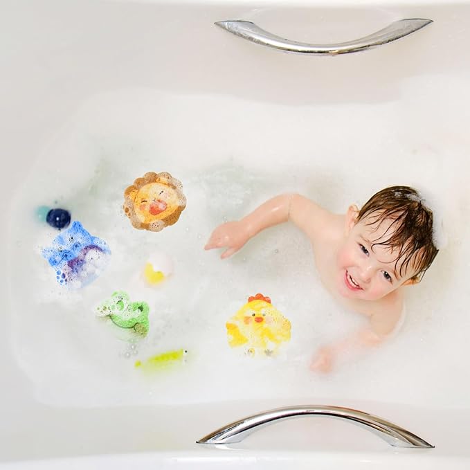 4 PCS Lovely Animal Bath Sponge for Kids,Cute Colorful Cartoon Shape Compressed Cellulose Shower Sponges for Baby,Soft and Funny(Hippo+Frog+Lion+Chicken)