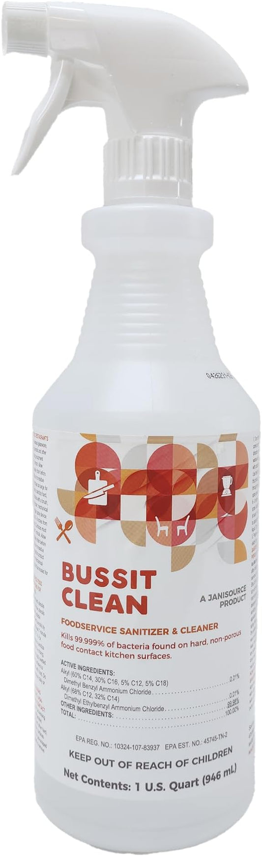 Bussit Clean Foodservice Surface Sanitizer & Cleaner, Spray and Wipe, Kills 99.9% of Kitchen Bacteria, 1 Quart (Each)