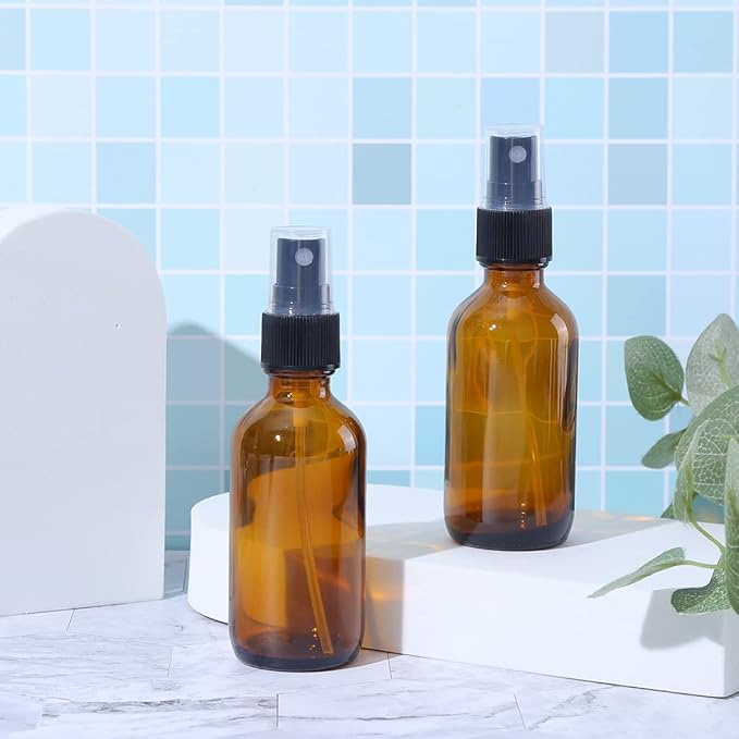 2oz Amber Glass Spray Bottles,Empty Small Perfume Travel Refillable Reusable Fine Mister Spray Bottle for Hair,Cleaning Solutions,Aromatherapy and Essential Oil with Extra Nozzle(2 Pack)