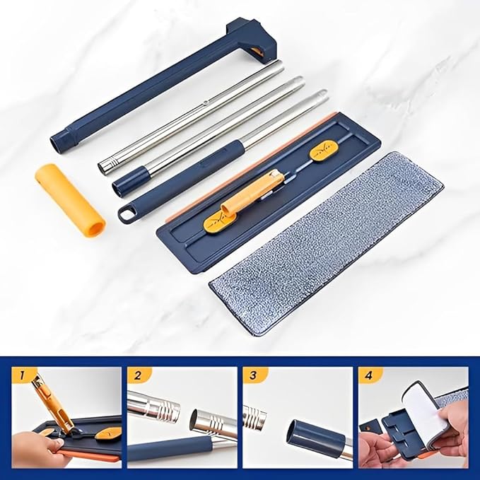 Large Flat Mop, Saker Plus Self Wringing Mop 360° Rotating Flat Mops with Washable Microfiber Pads, Independent Drainage Scraper Floor Cleaning System (White, 4 Microfiber Pads)