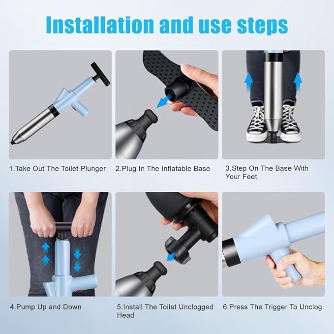 WOHPW Fast High Pressure Toilet Plunger with Real-Time Barometer | Heavy Duty Air Drain Blaster & Unclogger Tool for Bathroom, Toilets, Sinks, Tubs, Pipes | Clog Remover Kit & Toilet Snake Alternative