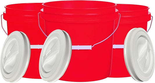 House Naturals 2 Gallon Red Bucket with White Screw on Lid - BPA Free- Food Grade (Pack of 3) Made in USA containers
