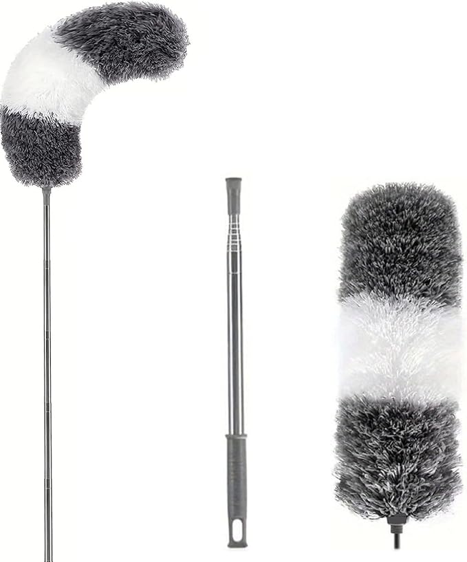 TopHomer Fiber Feather Duster with Stainless Steel Extendable Pole, Ceiling Fan Cleaner for Cobwebs High Ceiling Fan, Interior Roof, Wet & Dry Use (Model C)