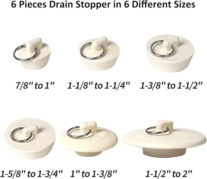 6 Pieces Rubber Sink Stopper, Drain Stopper Bath Tub Stopper with Pull Ring, Kitchen Drain Plug Sink Plug, Bathroom Bath Plugs, 6 Sizes（White）