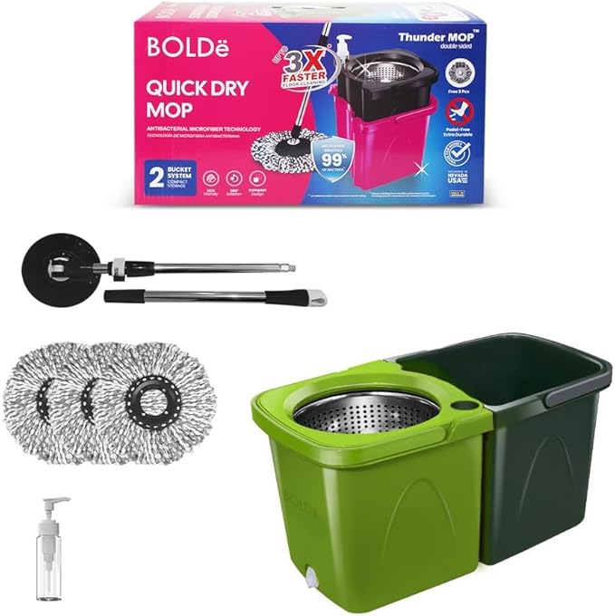 BOLDë Thunder Mop Spin System -Double-Sided- 2 Compact Stackable 6L Buckets, Microfiber Head, Stainless Steel Wringer, Antifungal Quick-Dry Cleaning, Soap Dispenser, 3 Free Refills (Lime/Forest Green)