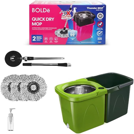 BOLDë Thunder Mop Spin System -Double-Sided- 2 Compact Stackable 6L Buckets, Microfiber Head, Stainless Steel Wringer, Antifungal Quick-Dry Cleaning, Soap Dispenser, 3 Free Refills (Lime/Forest Green)