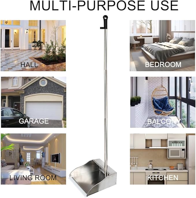 Metal Dustpan Long Handle Stainless Steel Dustpan,Heavy Duty Standing Dust Pan with Teeth, Indoor Outdoor Up for Home Kitchen Lobby Room Office