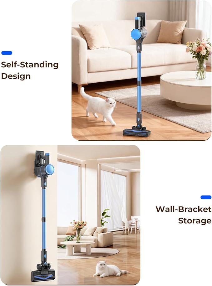 N8 Cordless Vacuum Cleaner,Lightweight Stick Vacuum with Powerful Suction,2200mAh Battery, 40 Mins Runtime,Self-Standing,Rechargeable Vacuum Cleaners for Home Hardwood Floor Carpet Pet Hair (Azure)