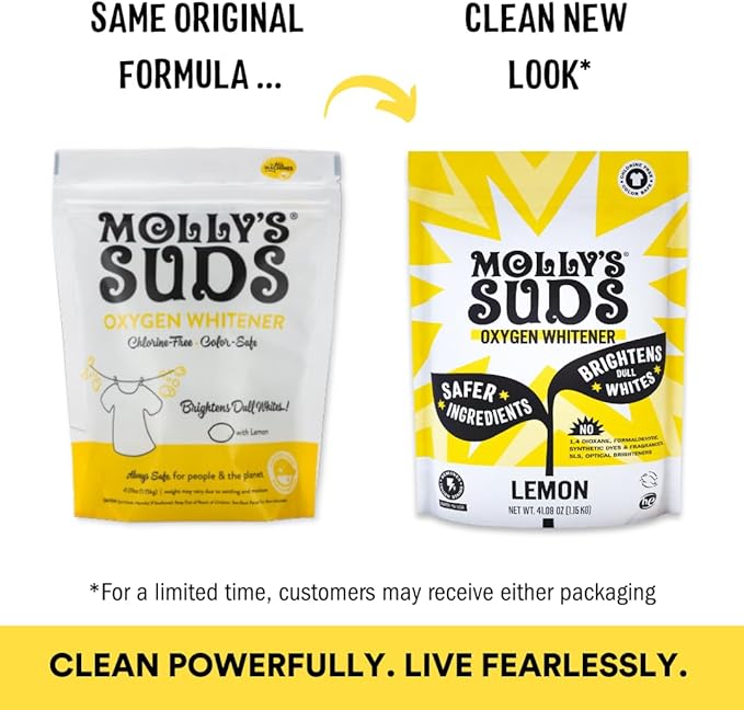 Molly's Suds Oxygen Whitener | Powerful Bleach Alternative, Chlorine Free & Color Safe | Brightens Whites and Removes Stains (Pure Lemon Essential Oil - 158 oz)