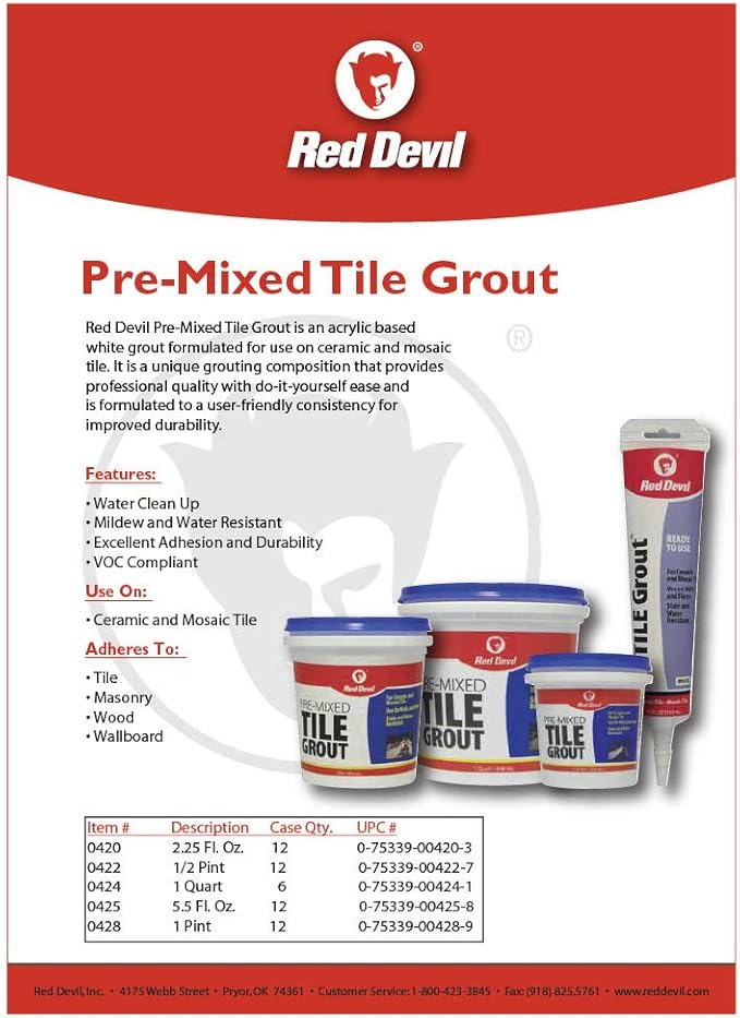 Red Devil 0422 Pre-Mixed Tile Grout - Professional Quality, Excellent Adhesion, Ideal for Wall & Floor Use - 1/2 Pint, White, Pack of 12, Made in USA