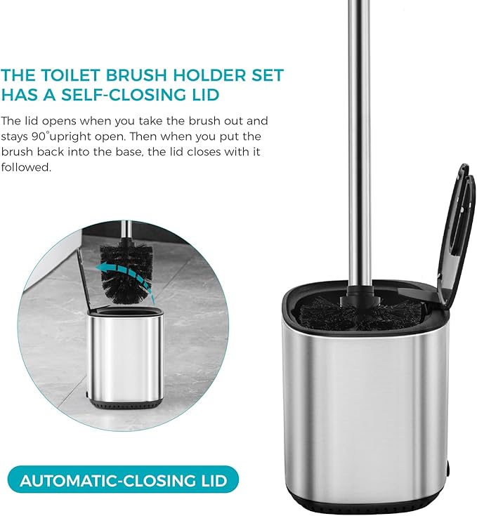 Toilet Brush and Holder Set Toilet Bowl Brush Stainless Steel Automatic Toilet Bowl Cleaner Brush with Durable Bristle Head Toilet Cleaning Brush for Bathroom 2 Pack Set SS