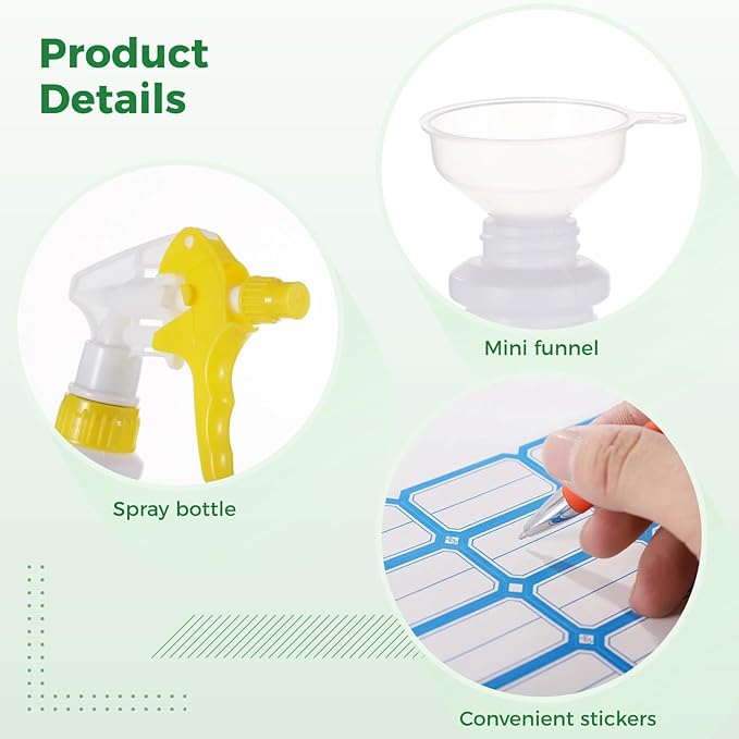 Lnrueg 18 PCS 16 oz Plastic Spray Bottles with 3 Funnels and 5 Stickers - PE Cleaning Gardening Spray Bottles with Adjustable Nozzles Red, Green, Blue