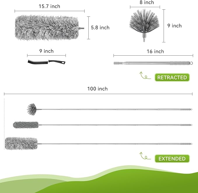 MimAuto 7-in-1 Telescopic Duster Kit with 100-Inch Pole, Microfiber & Cobweb Brush for Ceiling Fans, Blinds, High Cleaning