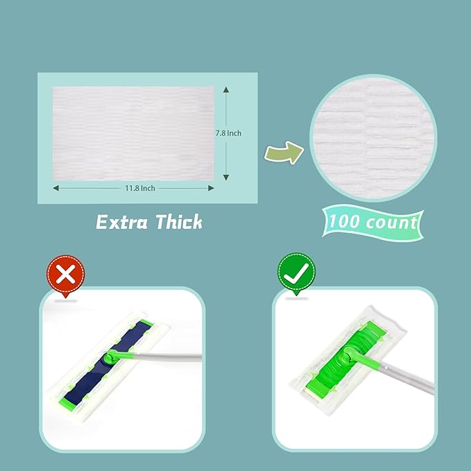 UKEENOR Dry Mop Refills 100 Counts Disposable Dusting Cloths Dry Sweeping Refills Dry Duster Cloths Mop Pads Floor Cloth Refills Electrostatic Cloths 7.8"x11.8" Extra Thick Box Packing