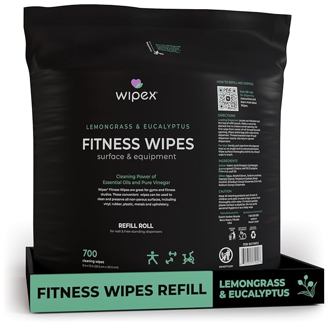 Wipex Gym Wipes for Equipment Cleaning - 700 Large 8"x12" Natural Fitness Wipes Refills for Dispensers - Made with Lemongrass, Eucalyptus Oil & Vinegar, Bulk Surface Multipurpose (1 Pack)