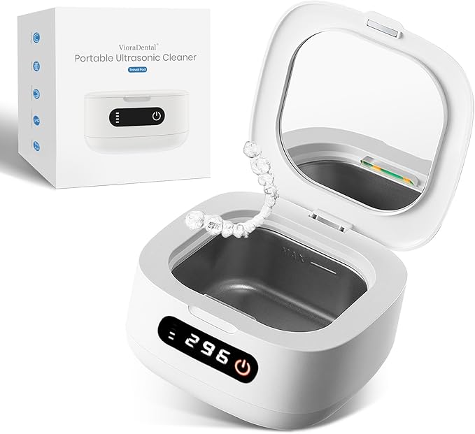 Viora Rechargeable 52kHz Ultrasonic Retainer Cleaner: Cordless Portable UV Dental Cleaning Pod for Invisalign, Denture, Mouthguard, Nightguard, Jewelry, with Mirror, USB-C Travel Cleaning Kit+Tablets