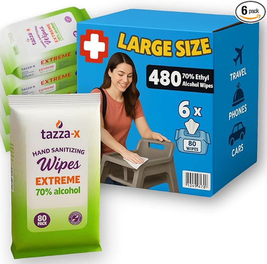 Tazza Alcohol Wipes - Unscented, Travel Hand Cleaning Wipes - 80 Ct (Pack of 6, 480 Wipes)