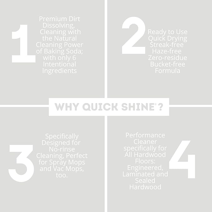 Quick Shine Hardwood Floor Cleaner 64oz, 4Pk| Use in Spray & Vac Mops| Removes Dirt & Scuff Marks| Ready-to-Use, Streak Free, No Rinse| Safer Choice Cleaner| Perfect for Gentle and Effective Cleaning