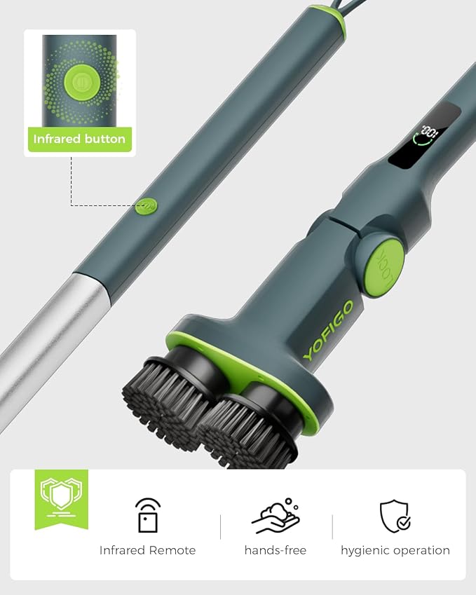 Electric Spin Scrubber Cordless Dual-Brush, IPX7 Waterproof Bathroom Power Scrubber Removalbe Extendable Handle with Digital Display, 2 Speeds, 6 Brush Heads for Bathroom, Tub, Tile, Shower, and Car