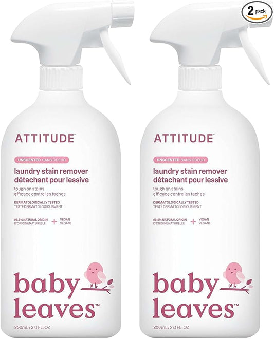 ATTITUDE Laundry Stain Remover for Baby Clothes, Plant and Mineral-Based Ingredients, Vegan and Cruelty-free Household Products, Hypoallergenic, Unscented, 27 Fl Oz (Pack of 2)