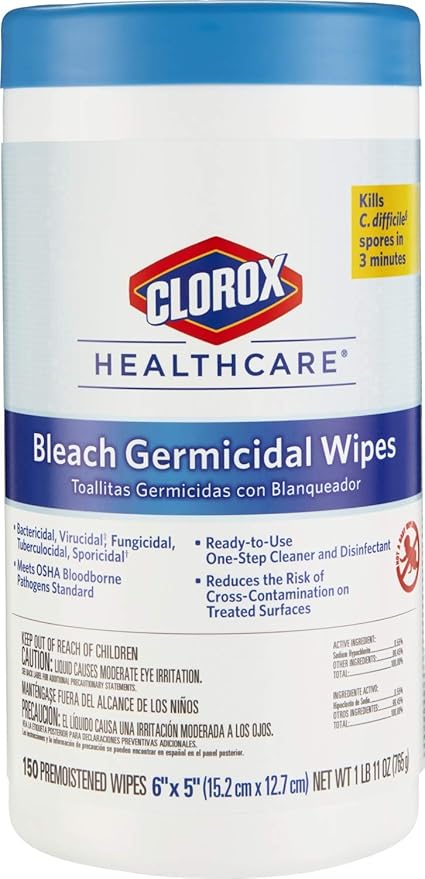 Clorox Healthcare Bleach Germicidal Wipes, 6" x 5", 150 Count Canister (Package May Vary)