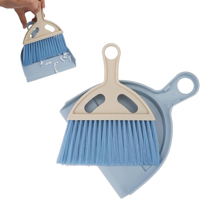 Brosay Mini Dustpan and Brush Set Portable Small Broom with Dust Pan Handheld Hangable Whisk Broom and Dust Pan for Home, Kitchen, Table, Office, Car 1 Pcs (Blue)